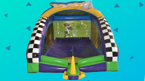 Make your next event a hit in Wilmington, NC with our Mini Baseball Game Rental, featuring an inflatable setup complete with a bat, ball launcher, and player-themed target—all set against a blue background with playful triangle accents. Bounce house rentals Wilmington NC - Funtime Inflatables NC