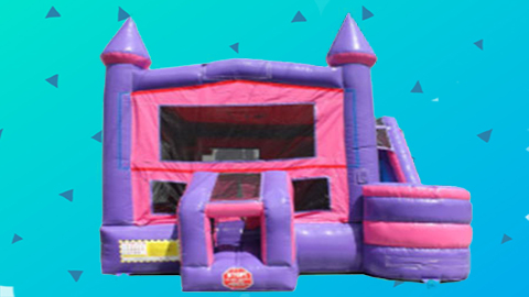 Set against a blue background with small scattered triangles, this playful design features a purple and pink inflatable bounce house with a slide—perfect for your next party and inspired by our popular Pink Castle Combo Wet Dry rental that Wilmington NC families love. Bounce house rentals Wilmington NC - Funtime Inflatables NC