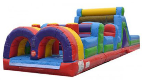 The Obstacle-2-New-450x308-1 is a colorful inflatable obstacle course featuring arches, climbing walls, and slides, designed for children’s outdoor activities and play. Bounce house rentals Wilmington NC - Funtime Inflatables NC